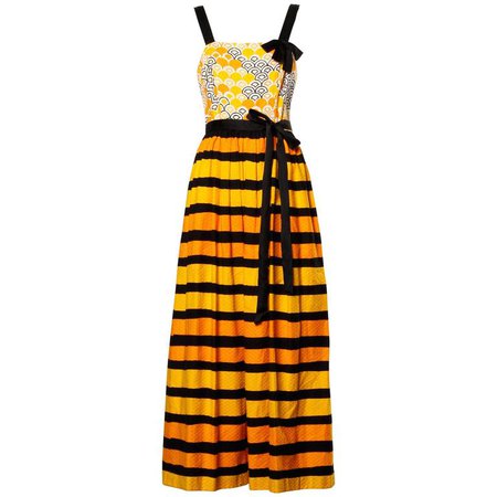 1970s Larry Aldrich Vintage Yellow Orange + Black Striped Print Maxi Dress For Sale at 1stdibs