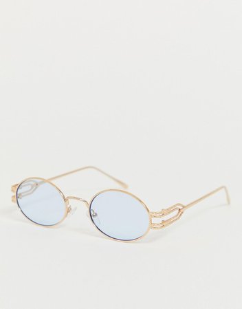 ASOS DESIGN oval sunglasses with gold temple detail frame and blue lenses | ASOS