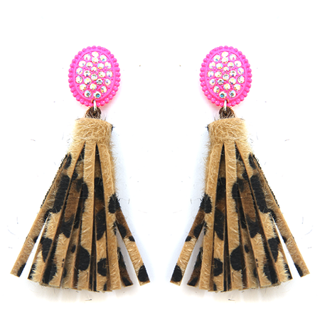 Earring 2623 18 Treasure leopard print tassel drop rhinestone stud earrings pink - SWTrading