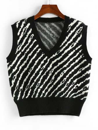 [30% OFF] [POPULAR] 2020 ZAFUL Striped V Neck Loose Sweater Vest In BLACK | ZAFUL
