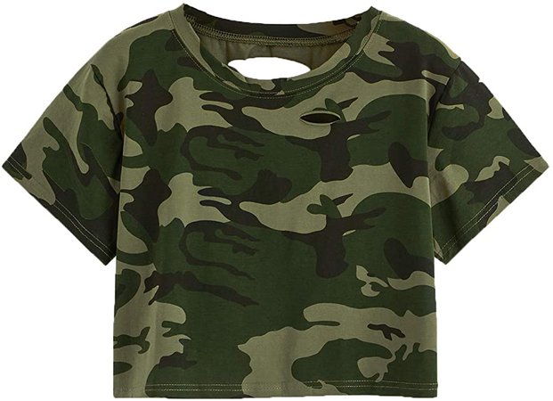 SweatyRocks Women's Summer Short Sleeve Tee Distressed Ripped Crop T-Shirt Tops Camouflage Navy