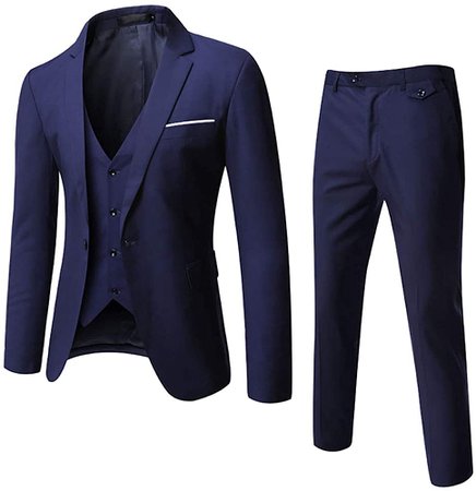 WULFUL Men's Suit Slim Fit One Button 3-Piece Suit Blazer Dress Business Wedding Party Jacket Vest & Pants Blue at Amazon Men’s Clothing store