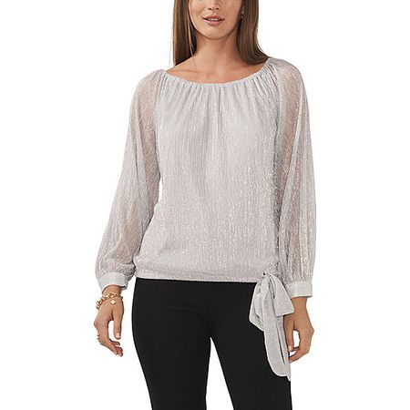 MSK Womens Straight Neck Long Sleeve Metallic Lined Blouse, Color: Silver - JCPenney
