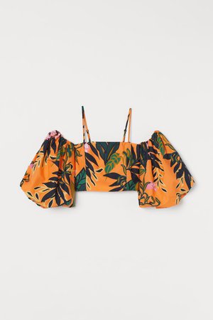Puff-sleeved Poplin Blouse - Orange/leaf print - | H&M US