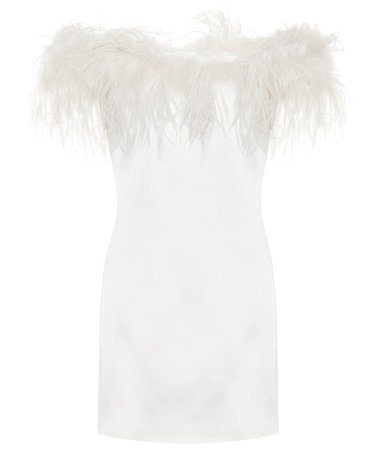 saint laurent feather-trimmed crêpe dress in white