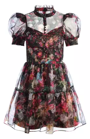 Alice + Olivia Vernita Floral Print Puff Sleeve Silk Minidress | Nordstrom