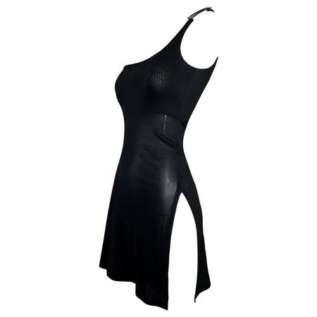F/w 1997 Gucci By Tom Ford Sheer Black One Shoulder G Logo Mini Dress High Slits