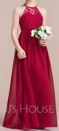 burgundy A-Line Floor-length Flower Girl Dress - Chiffon/Lace Sleeveless Scoop Neck #113801