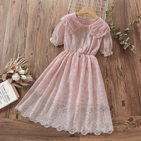 Kids Little Girls' Dress Plain A Line Dress Daily Holiday Lace Green Pink Beige Knee-length Short Sleeve Casual Beautiful Dresses Children's Day Spring Summer Regular Fit 1 PC 3-12 Years 9060009 2022 – Kr.386