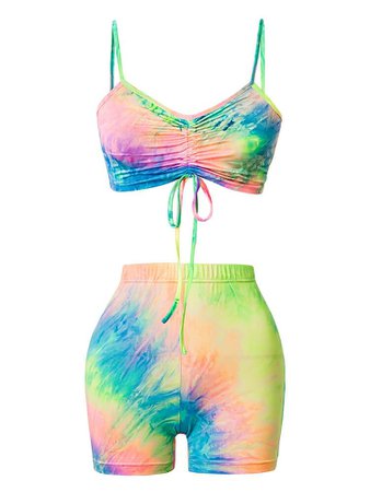 JurllyShe Tie Dye Knot Front Ruched Cami Crop Top With Biker Shorts Set