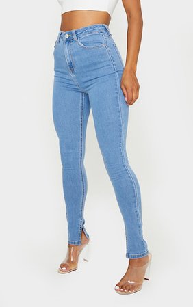 Light Blue Wash Side Split Hem Skinny Jeans | PrettyLittleThing USA