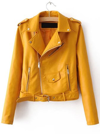 Yellow Faux Leather Belted Moto Jacket With Zipper