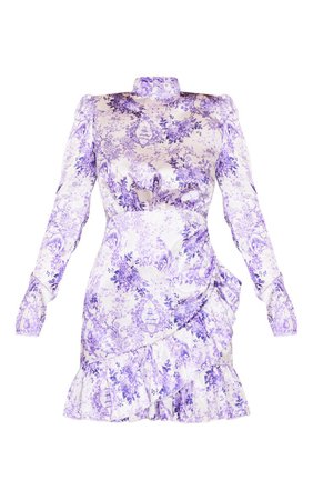 Lilac Porcelain Print High Neck Frill Detail Bodycon Dress | PrettyLittleThing USA