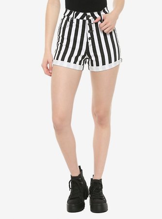 HT Denim Black & White Stripe Ultra Hi-Rise Button-Front Shorts