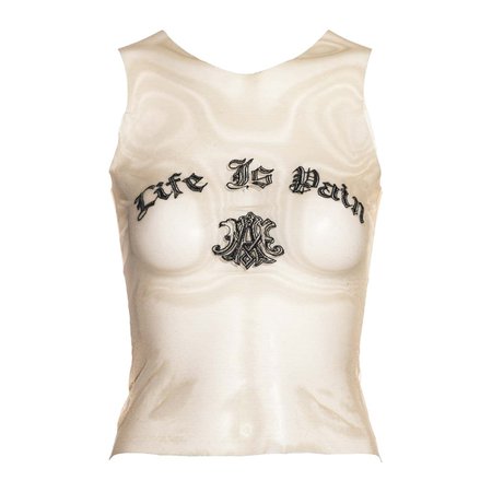 Alexander McQueen nude mesh embroidered 'Life Is Pain' tank top, fw 1996 For Sale at 1stDibs