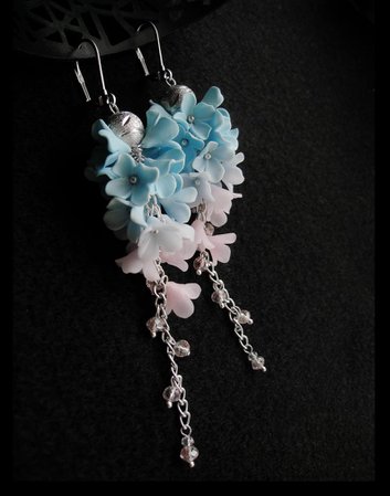 Long blue and pink earrings with flowers Ombre cluster drop | Etsy