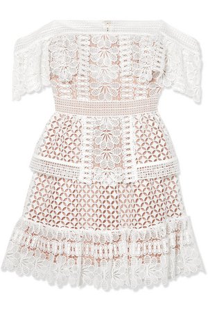 Off-the-shoulder guipure lace mini dress