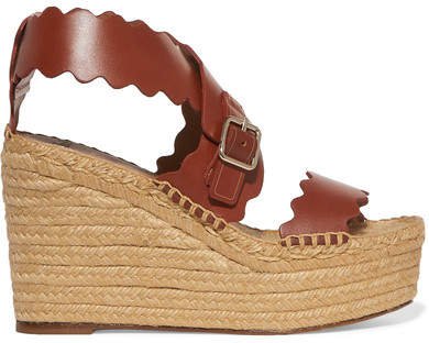 Lauren Scalloped Leather Espadrille Wedge Sandals - Brown