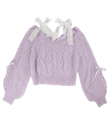 Pastel Purple/Lilac/Lavender Cable Knit Sweater With Ribbons And Princess Puff/Bell Sleeves