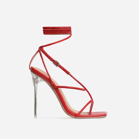 True Square Toe Lace Up Clear Perspex Heel In Red Faux Leather | EGO