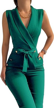 Amazon.com: Women's Elegant Jumpsuits V Neck Sleeveless Straight Belted Long Pants Business Suits Set with Pockets : Clothing, Shoes & Jewelry