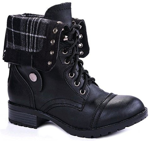 JJF Shoes Women Military Combat Foldable Cuff Faux Leather Boots