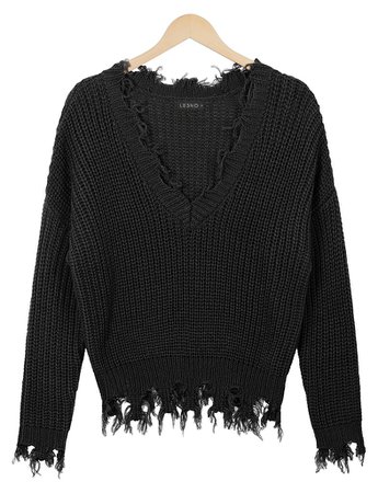 LE3NO Womens Solid V Neck Frayed Knit Sweater Top | LE3NO black