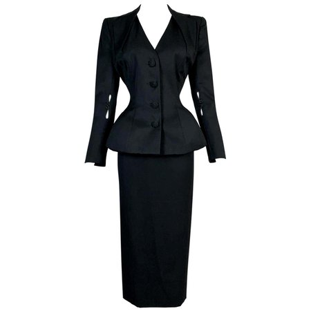 S/S 1995 John Galliano Runway Pin-Up Black Fitted Peplum Skirt Jacket Suit For Sale at 1stDibs