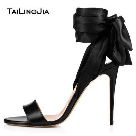 Online Shop Sexy High Heel Black Satin Sandals Wrapped Dress Shoes Women Ankle Scarf Stiletto Heels Ladies Summer Shoes Large Size 2018 | Aliexpress Mobile