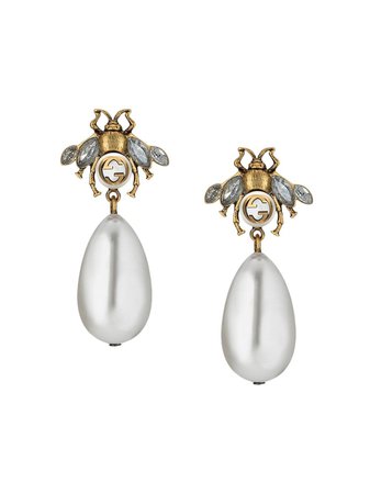 Gucci Bee Earrings With Drop Pearls 490312J1D51 Neutral | Farfetch
