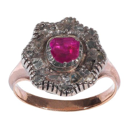 Georgian Ruby Diamond Silver Gold Cluster Ring For Sale at 1stDibs
