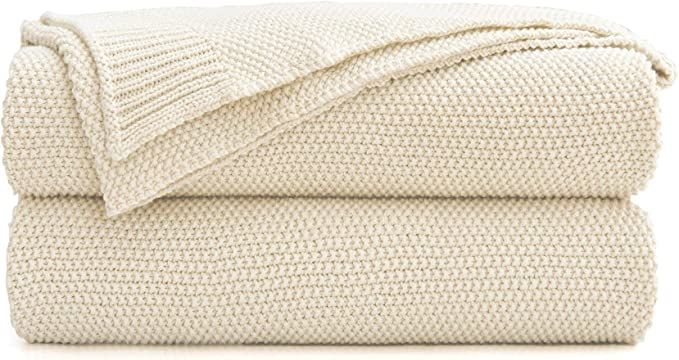Cream Cotton Cable Knit Throw Blanket for Couch Sofa Bed, Home Decorative Throws, Lightweight Woven Throw Blankets with Bonus Laundering Bag, 50“ x 60”, Beige : Home & Kitchen
