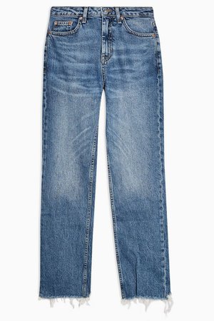 Mid Blue Rip Hem Straight Jeans | Topshop