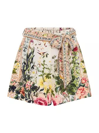 Shop Camilla Tuck Belted Floral Silk Shorts | Saks Fifth Avenue