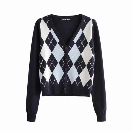 Women V Neck Knit Cardigan In Navy Blue With Light Blue And White Argyle Print On The Front| | - AliExpress