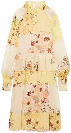 Tiered Floral-print Georgette Dress - Yellow