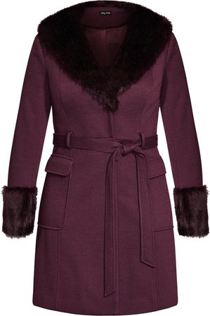 Make Me Blush Belted Coat with Faux Fur Trim