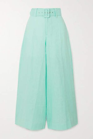 Rose Cropped Linen Wide-leg Pants - Turquoise