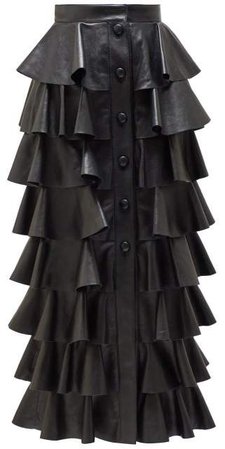 Ruffled Leather Midi Skirt - Womens - Black