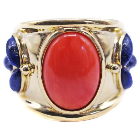 Coral and Lapis Lazuli Gold Band Ring