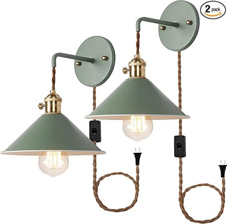 Green Plug in Wall Sconces Set of Two,Wall lamp with Plug in Cord of 2 for Bedroom Hanging Wall Lights E26 Edison Brass lamp Holder with Frosted Paint Body Bedside lamp - - Amazon.com