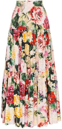 tiered cotton floral maxi skirt