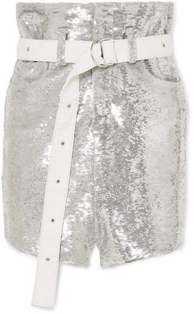 Natou Belted Sequined Twill Mini Skirt - Silver