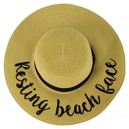 C.C Fun Verbiage Elegant Wide Brim 4\ Summer Derby Beach Pool Floppy Dress Sun Hat Natural (R) at Amazon Women’s Clothing store