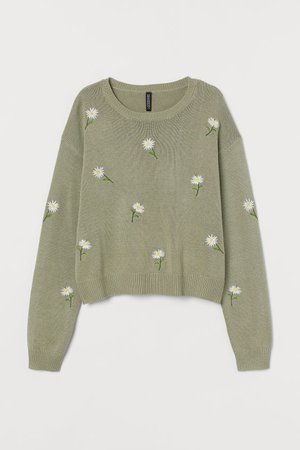 Knit Sweater with Embroidery - Light khaki green/flowers - Ladies | H&M US