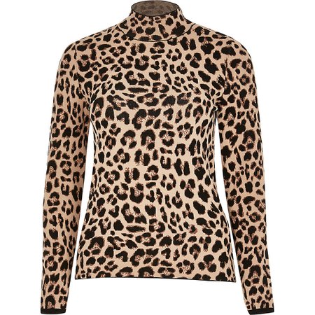 Brown leopard print fitted high neck top | River Island