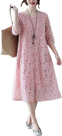 VIEWON Women's Loose Round Neck Lace Hollow Mid-Sleeve Casual Dress at Amazon Women’s Clothing store