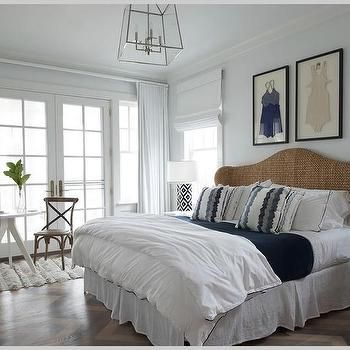 Brown Cane Bed with White and Blue Bedding - Cottage - Bedroom