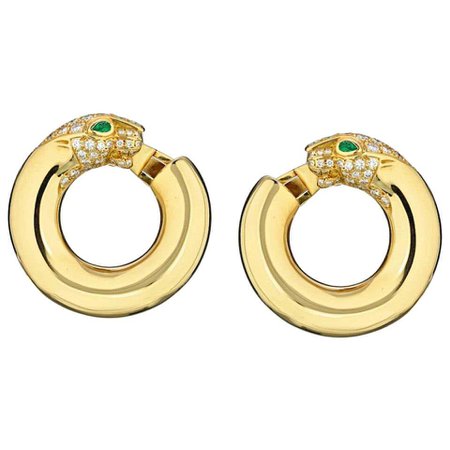 Cartier, Yellow Gold Panthere Emerald Eyes Diamond Round Pierced Hoop Earrings