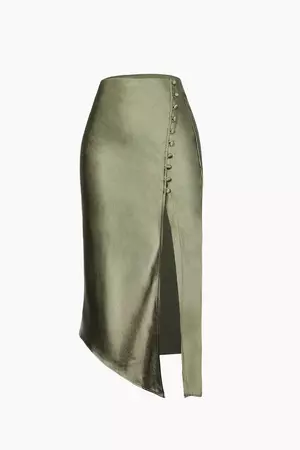Olive Army GreenAsymmetric Hem Slit Button Deco Satin Midi Skirt Micas